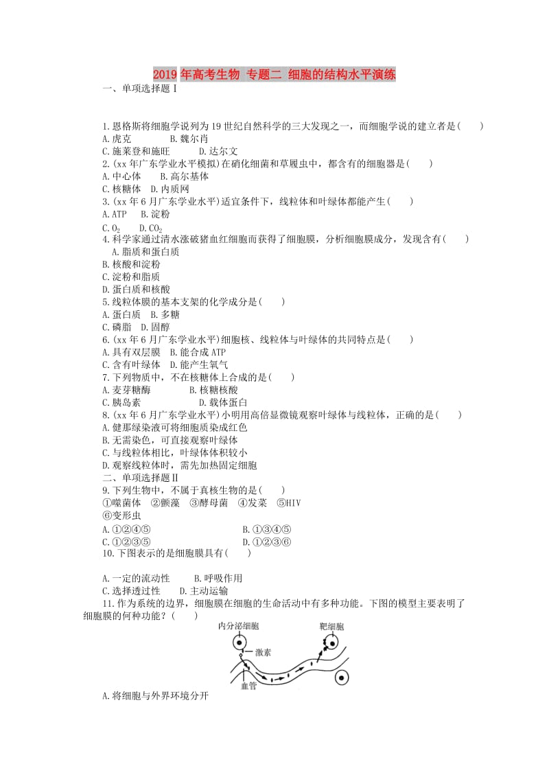 2019年高考生物 专题二 细胞的结构水平演练 .doc_第1页