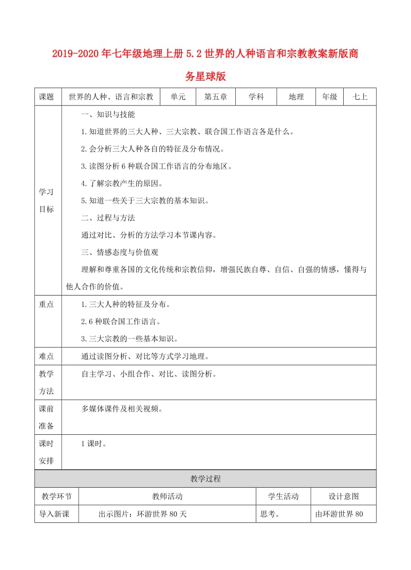 2019-2020年七年级地理上册5.2世界的人种语言和宗教教案新版商务星球版.doc_第1页