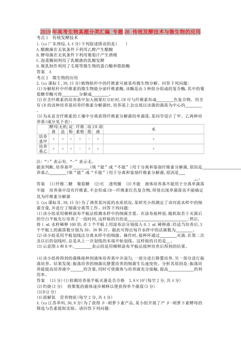 2019年高考生物真题分类汇编 专题26 传统发酵技术与微生物的应用.doc_第1页