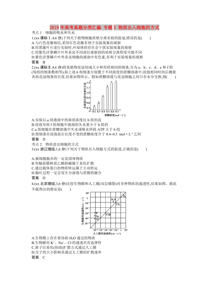 2019年高考真题分类汇编 专题3 物质出入细胞的方式.doc_第1页