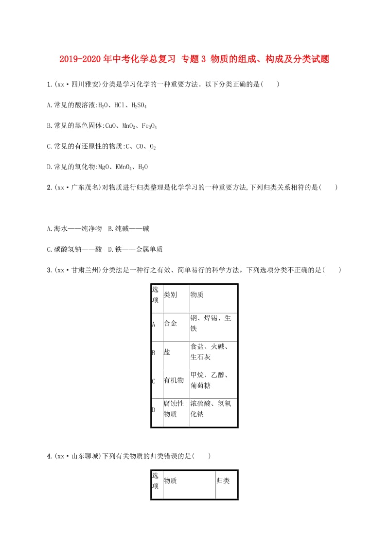 2019-2020年中考化学总复习 专题3 物质的组成、构成及分类试题.doc_第1页