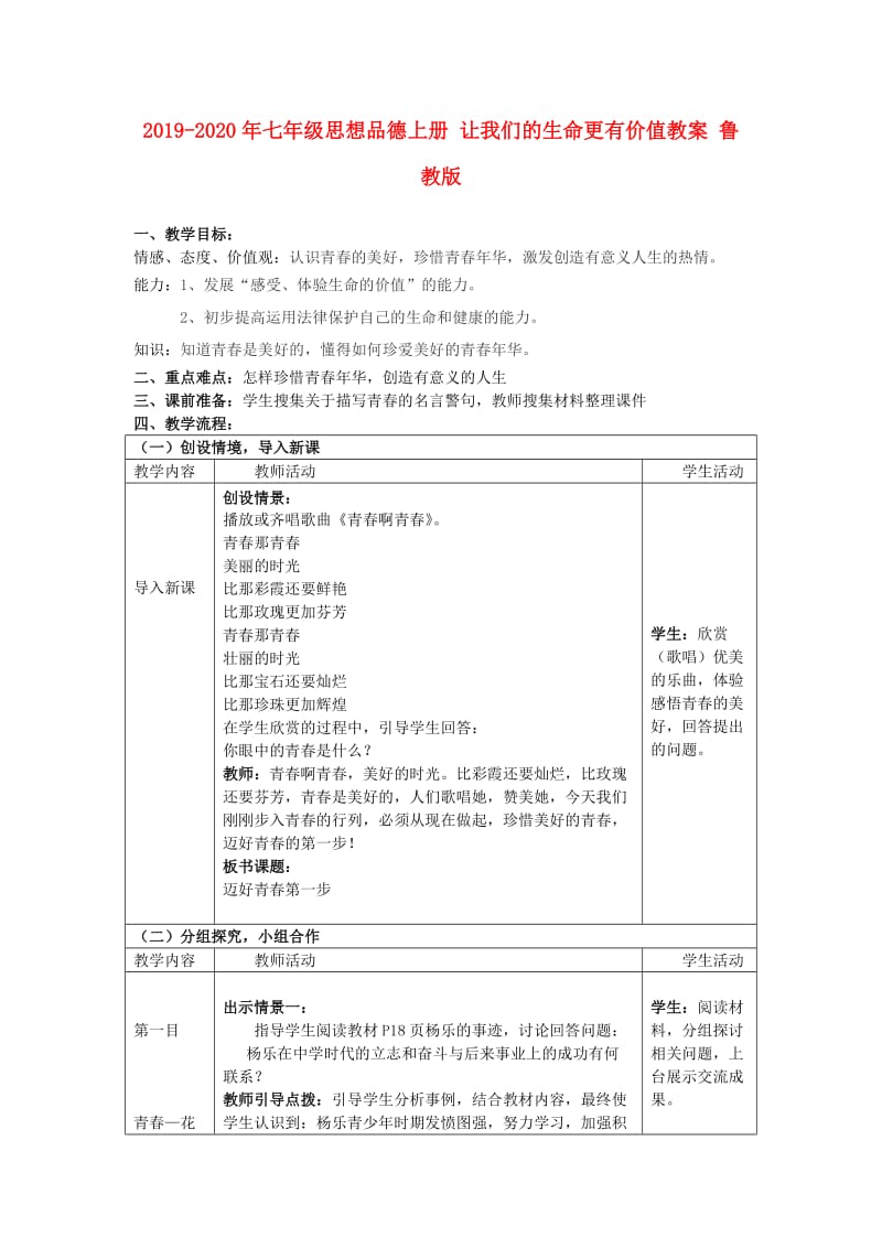 2019-2020年七年级思想品德上册 让我们的生命更有价值教案 鲁教版.doc_第1页