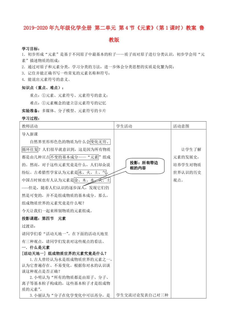 2019-2020年九年级化学全册 第二单元 第4节《元素》（第1课时）教案 鲁教版.doc_第1页