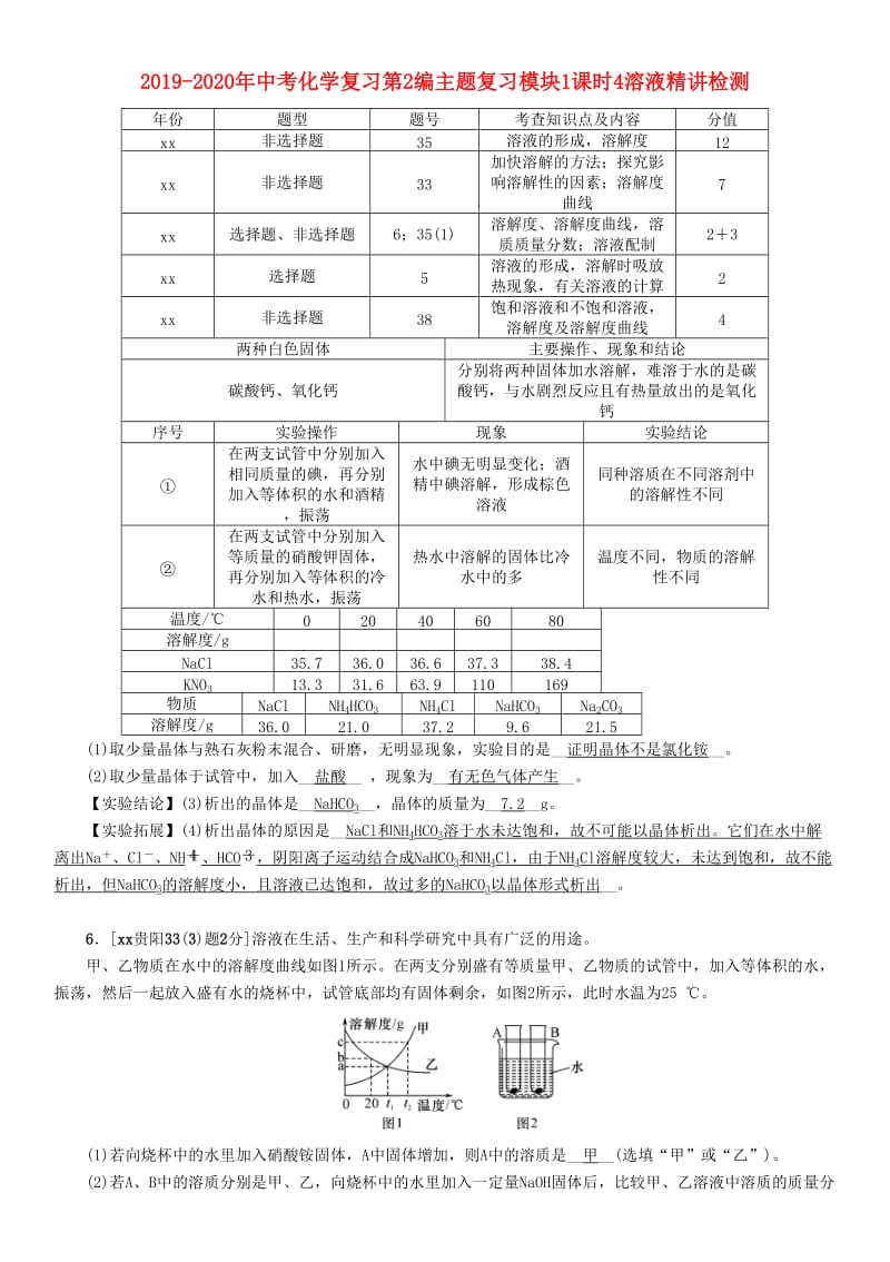 2019-2020年中考化学复习第2编主题复习模块1课时4溶液精讲检测.doc_第1页