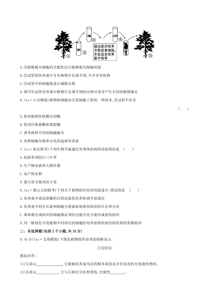 2019年高考生物一轮总复习 专题2.1 植物细胞工程课时提升作业 新人教版选修3.doc_第2页