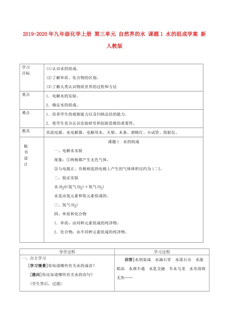 2019-2020年九年级化学上册 第三单元 自然界的水 课题1 水的组成学案 新人教版.doc_第1页