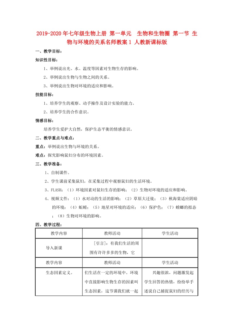 2019-2020年七年级生物上册 第一单元　生物和生物圈 第一节 生物与环境的关系名师教案1 人教新课标版.doc_第1页