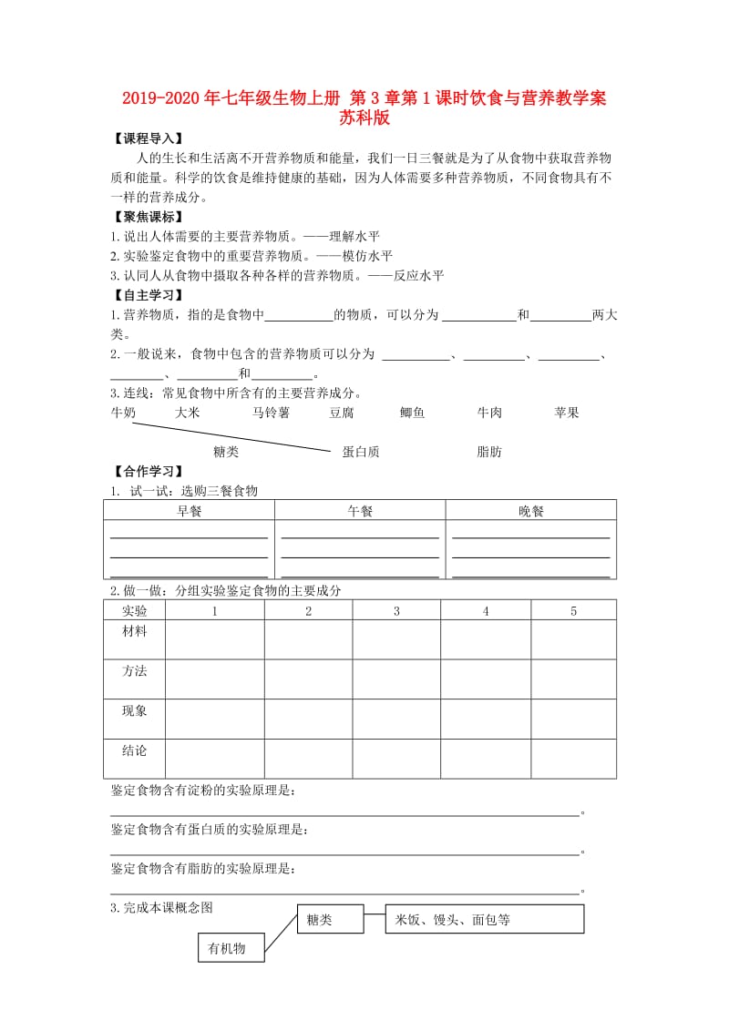 2019-2020年七年级生物上册 第3章第1课时饮食与营养教学案 苏科版.doc_第1页