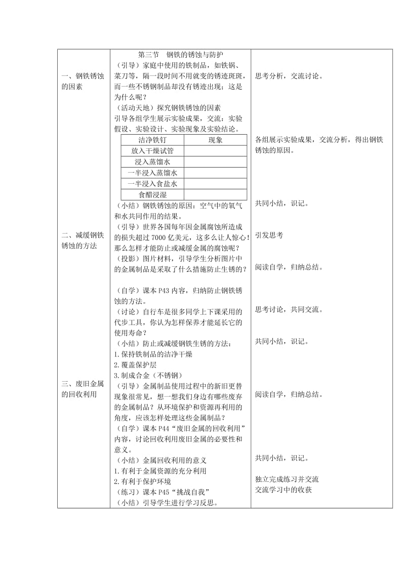 2019-2020年九年级化学全册 第九单元《金属》第三节 钢铁的锈蚀与防护教案 鲁教版.doc_第3页