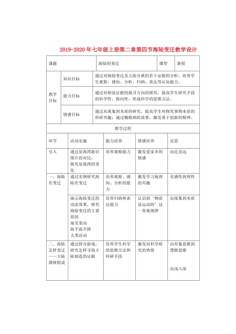 2019-2020年七年级上册第二章第四节海陆变迁教学设计.doc_第1页