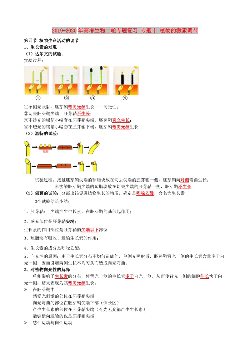 2019-2020年高考生物二轮专题复习 专题十 植物的激素调节.doc_第1页