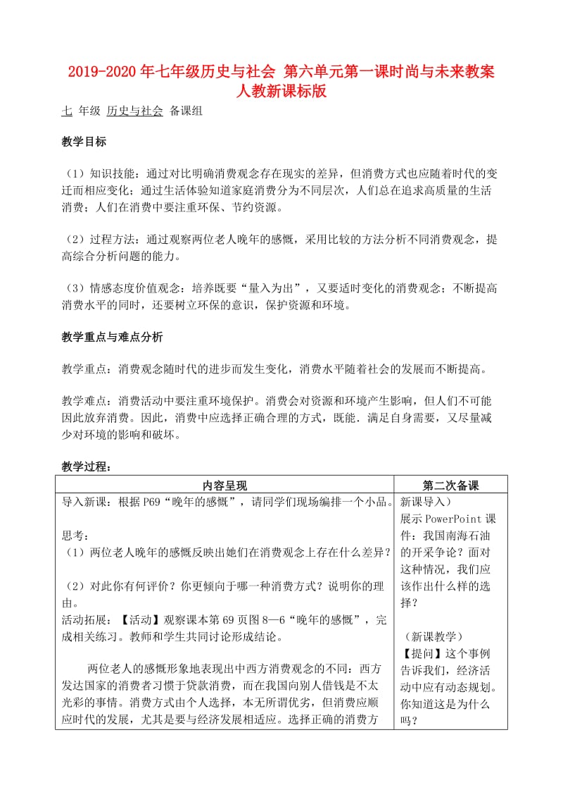 2019-2020年七年级历史与社会 第六单元第一课时尚与未来教案 人教新课标版.doc_第1页