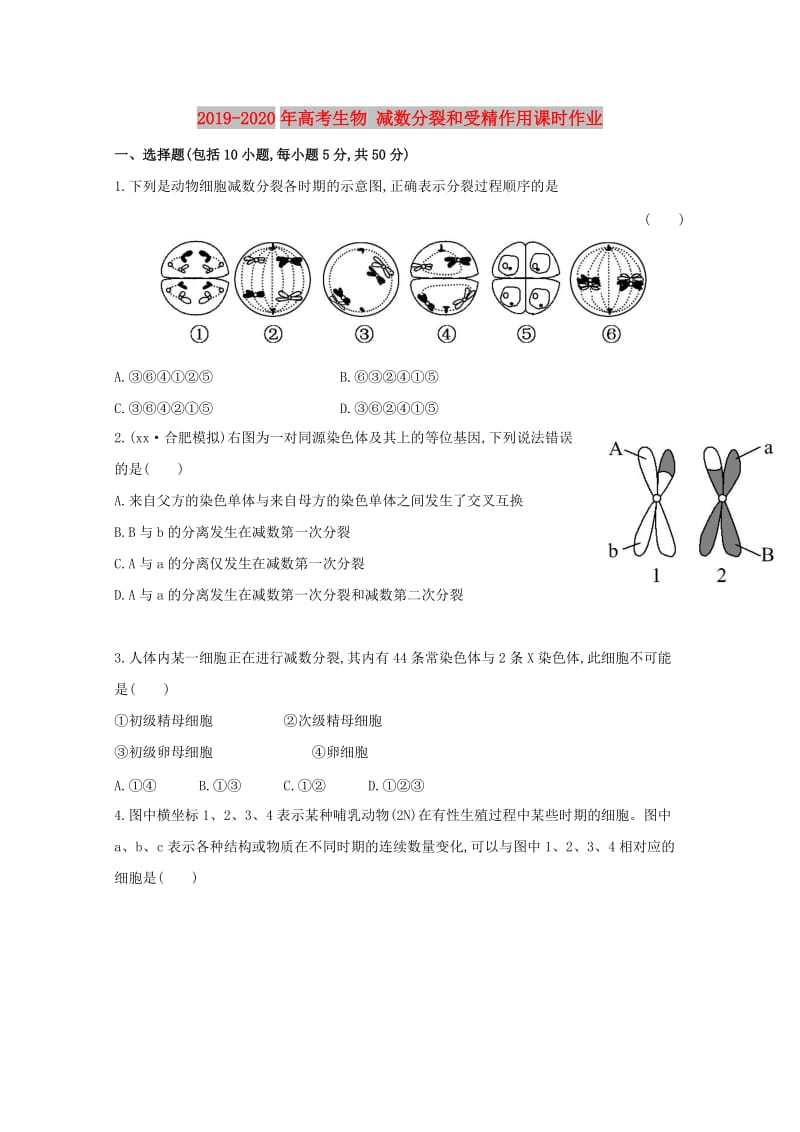 2019-2020年高考生物 减数分裂和受精作用课时作业.doc_第1页