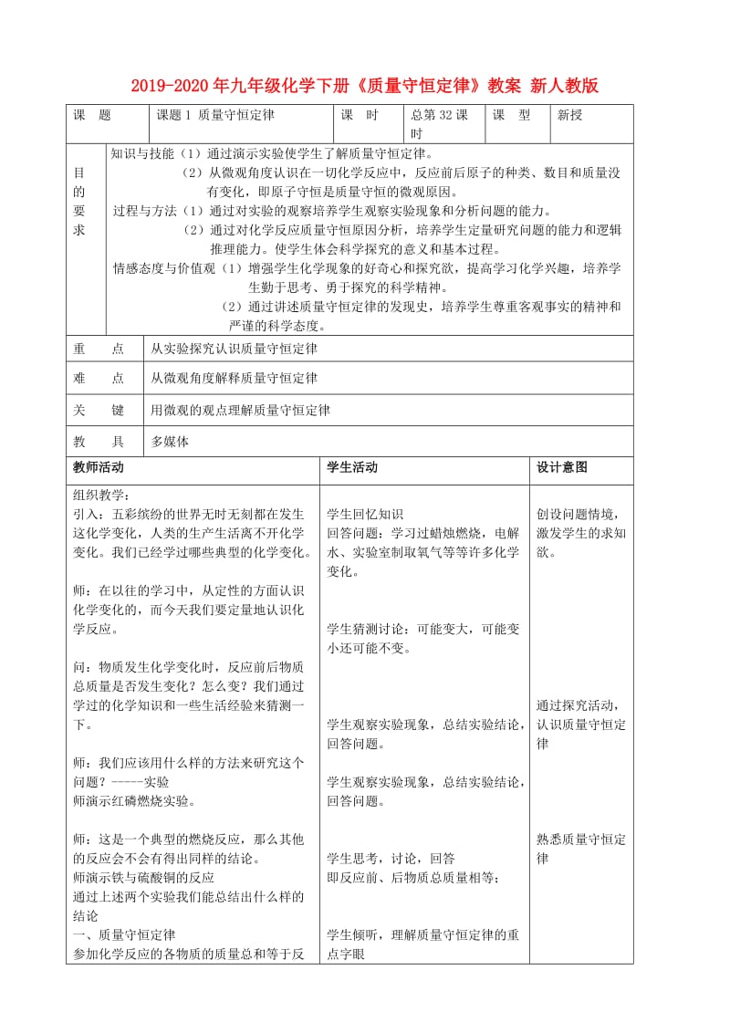 2019-2020年九年级化学下册《质量守恒定律》教案 新人教版.doc_第1页