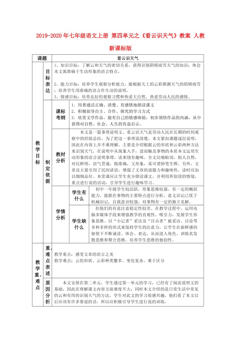 2019-2020年七年级语文上册 第四单元之《看云识天气》教案 人教新课标版.doc_第1页