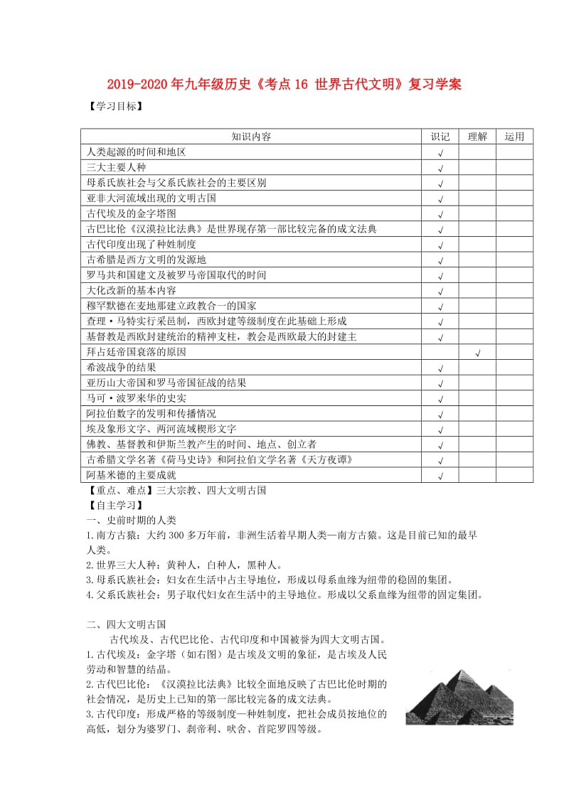 2019-2020年九年级历史《考点16 世界古代文明》复习学案.doc_第1页