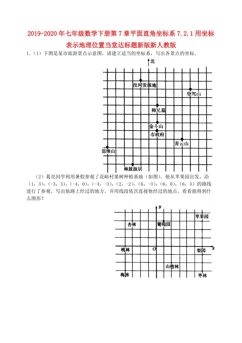 2019-2020年七年级数学下册第7章平面直角坐标系7.2.1用坐标表示地理位置当堂达标题新版新人教版.doc_第1页