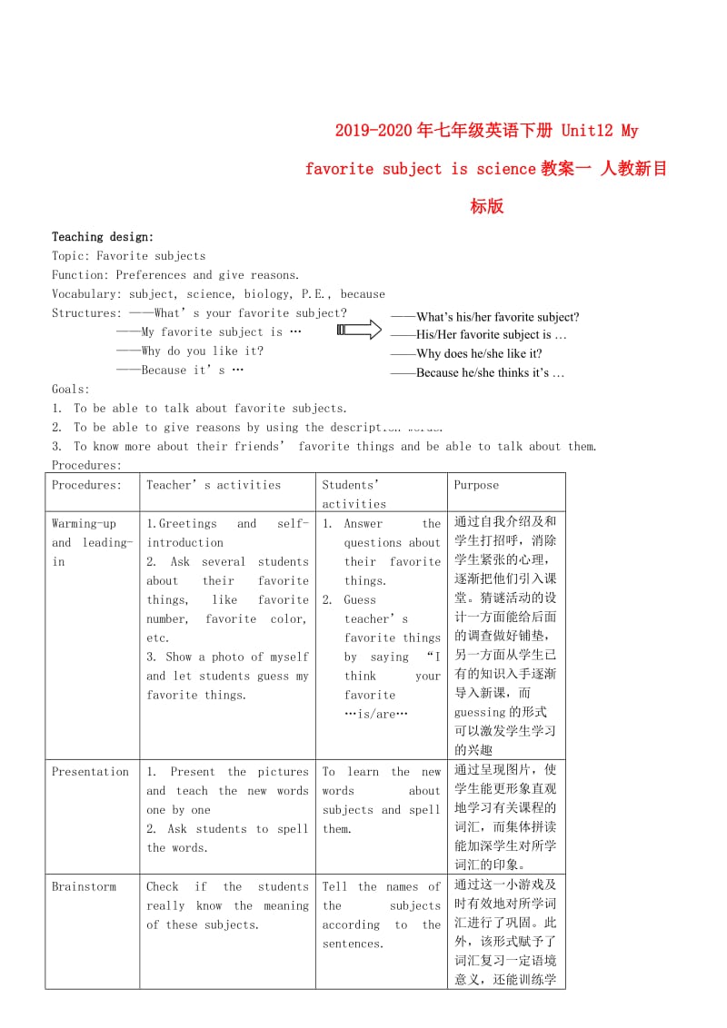 2019-2020年七年级英语下册 Unit12 My favorite subject is science教案一 人教新目标版.doc_第1页