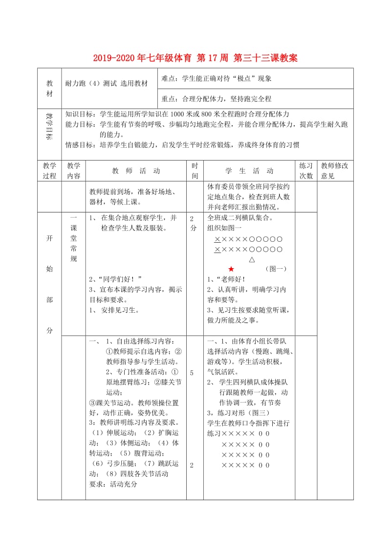 2019-2020年七年級體育 第17周 第三十三課教案.doc