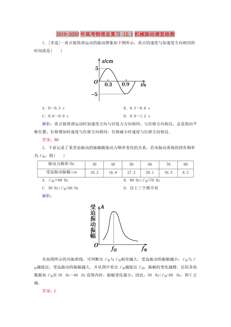 2019-2020年高考物理总复习 12.1机械振动课堂检测.doc_第1页