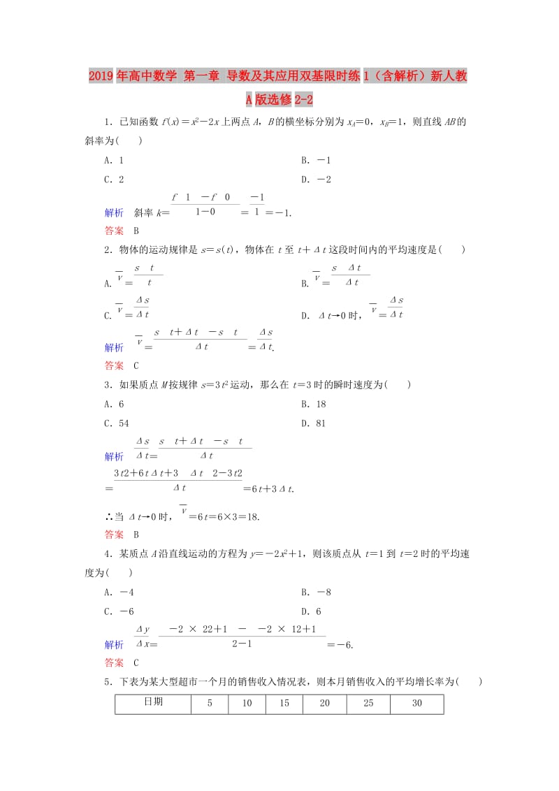 2019年高中数学 第一章 导数及其应用双基限时练1（含解析）新人教A版选修2-2 .doc_第1页