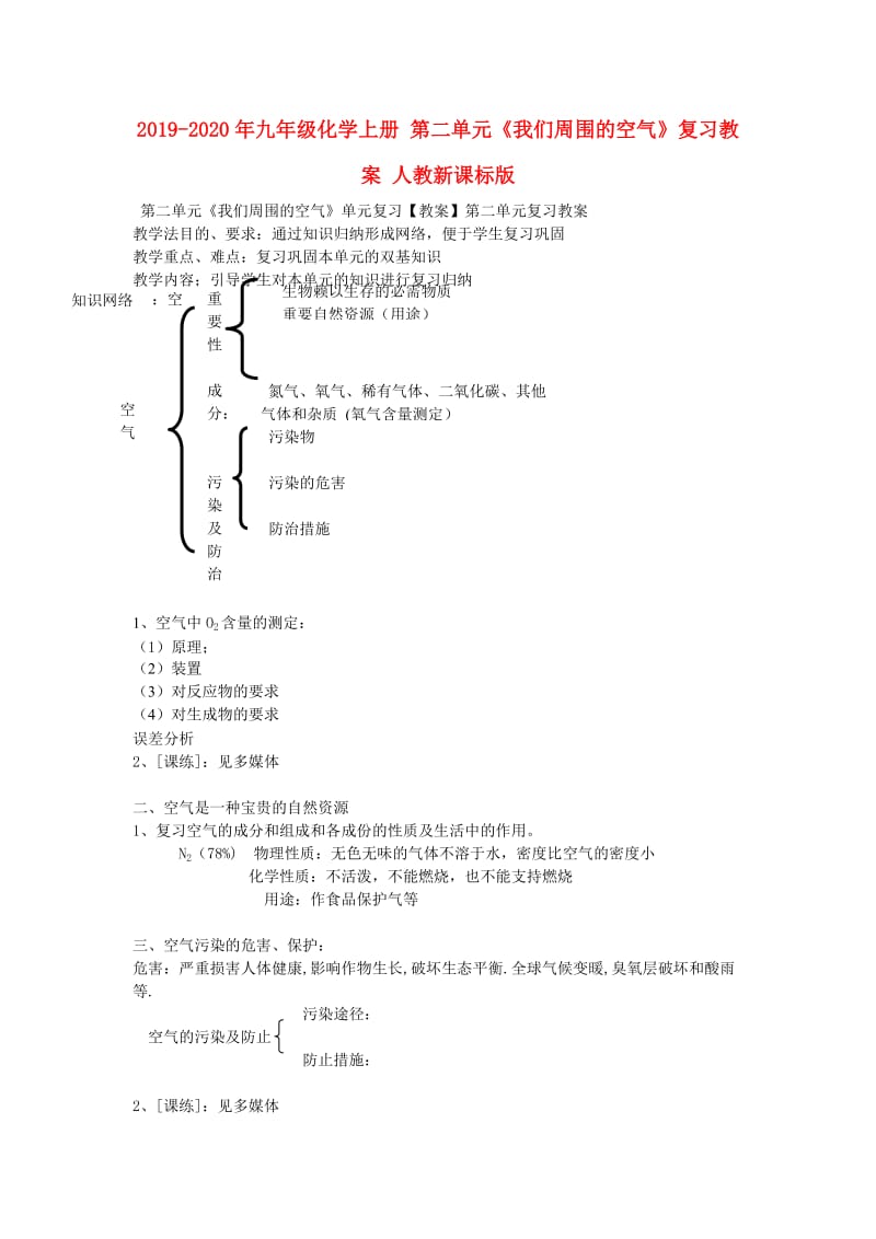 2019-2020年九年级化学上册 第二单元《我们周围的空气》复习教案 人教新课标版.doc_第1页