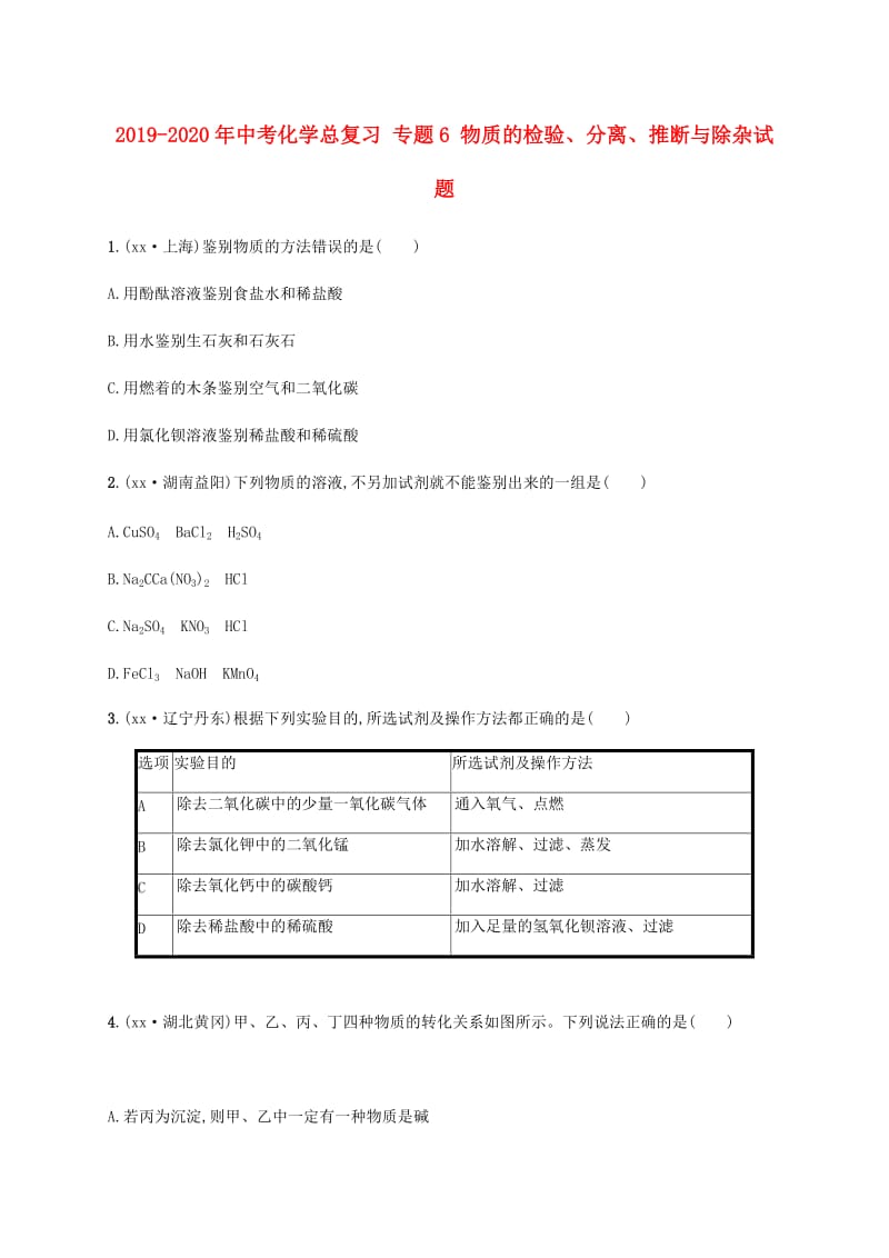 2019-2020年中考化学总复习 专题6 物质的检验、分离、推断与除杂试题.doc_第1页