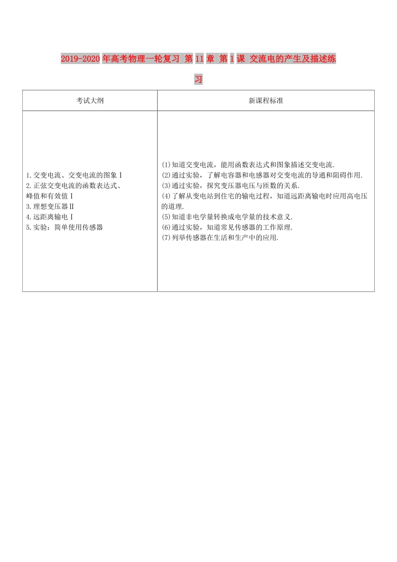 2019-2020年高考物理一轮复习 第11章 第1课 交流电的产生及描述练习.doc_第1页