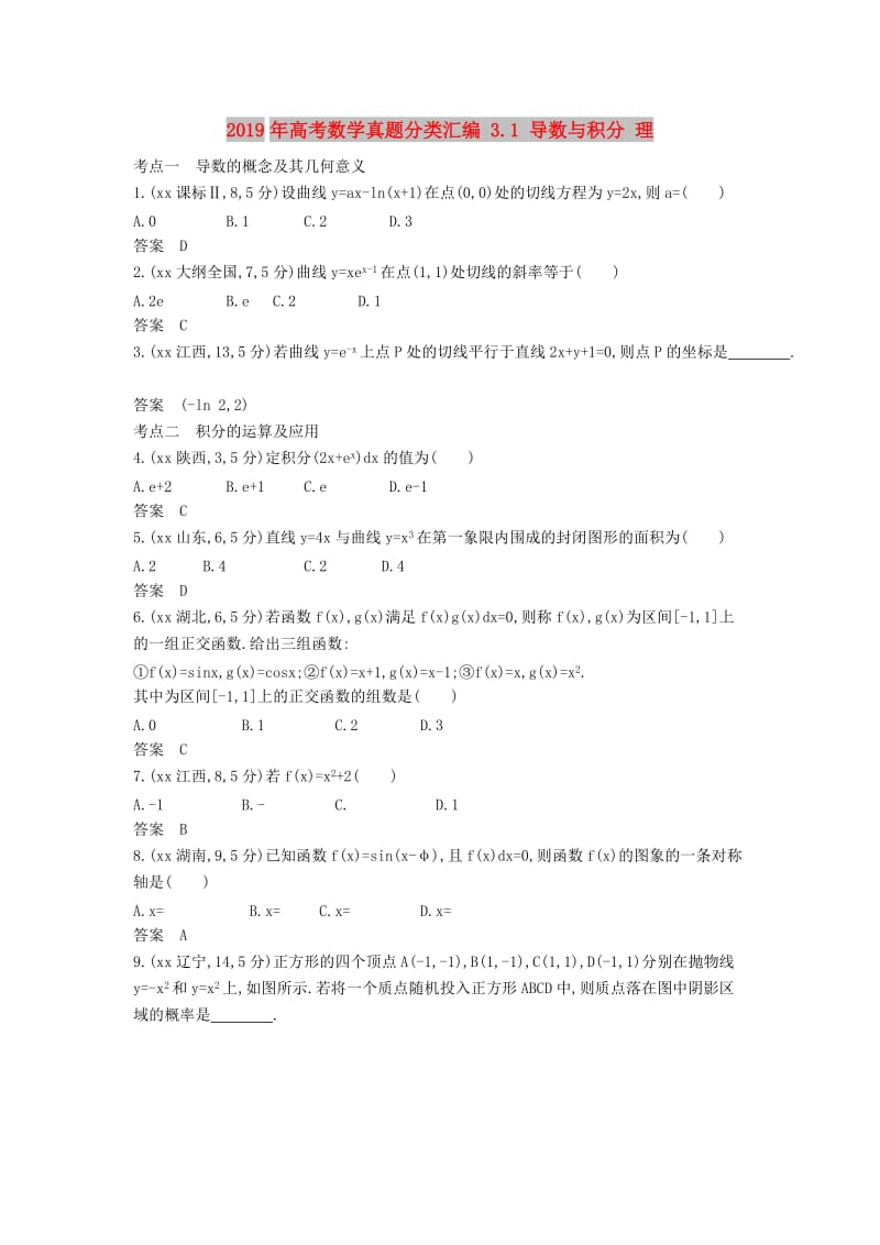 2019年高考数学真题分类汇编 3.1 导数与积分 理 .doc_第1页