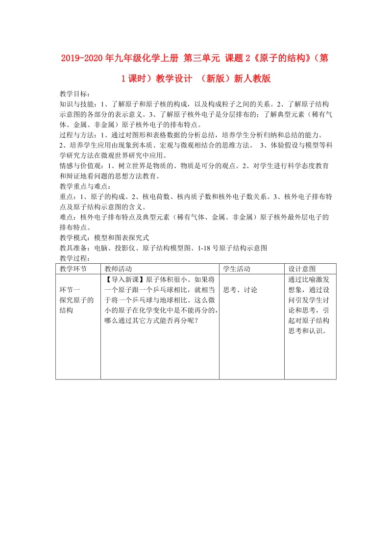 2019-2020年九年级化学上册 第三单元 课题2《原子的结构》（第1课时）教学设计 （新版）新人教版.doc_第1页