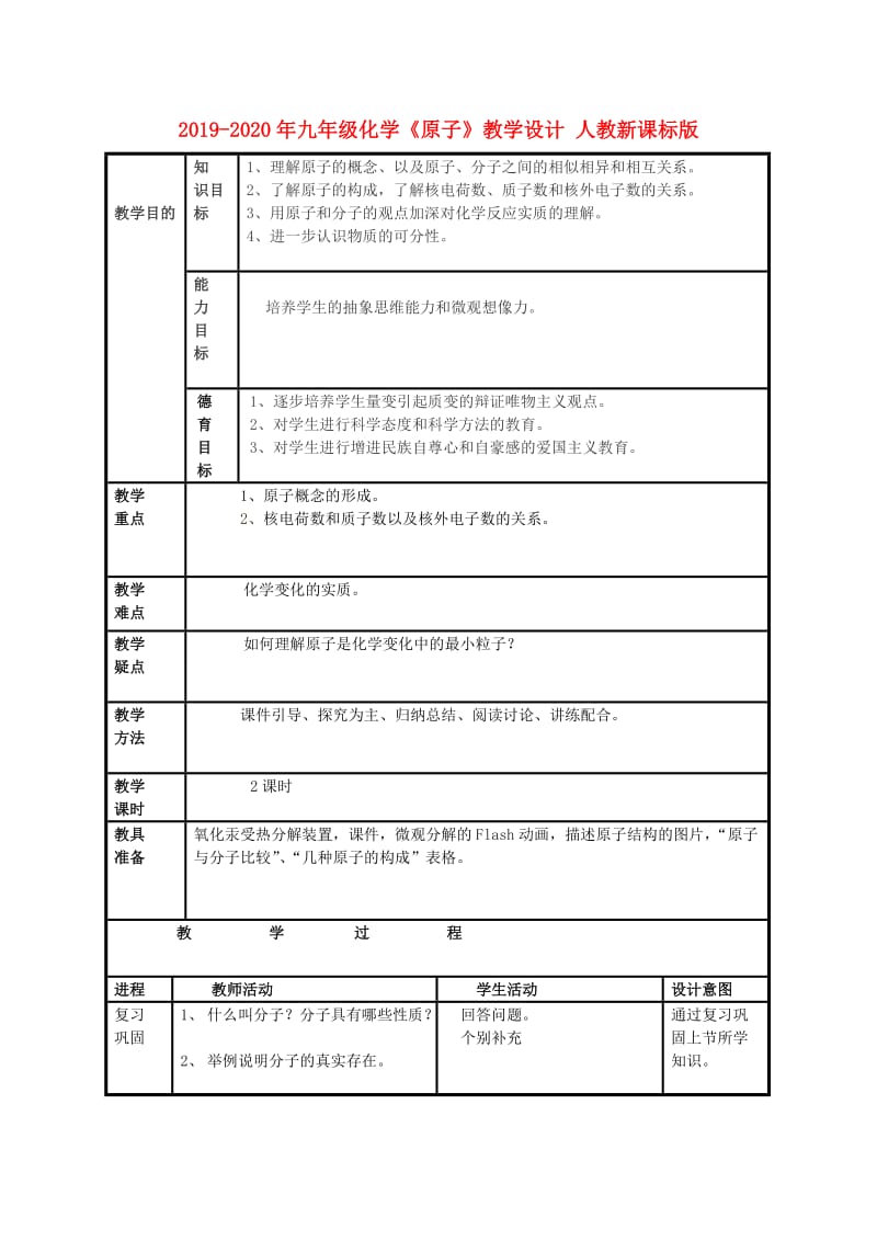 2019-2020年九年级化学《原子》教学设计 人教新课标版.doc_第1页