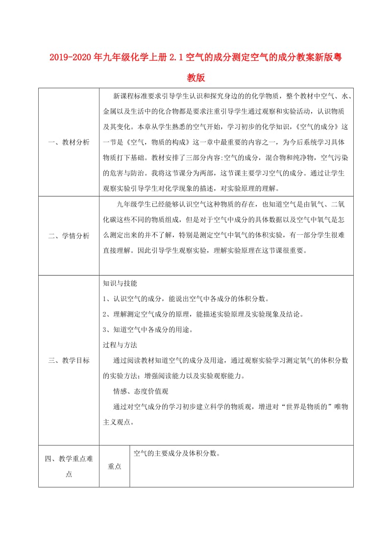 2019-2020年九年级化学上册2.1空气的成分测定空气的成分教案新版粤教版.doc_第1页