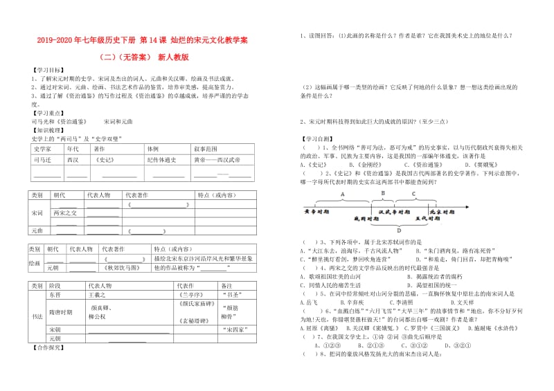 2019-2020年七年级历史下册 第14课 灿烂的宋元文化教学案（二）（无答案） 新人教版.doc_第1页