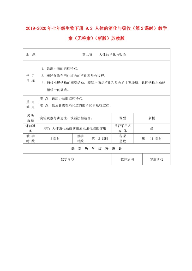 2019-2020年七年级生物下册 9.2 人体的消化与吸收（第2课时）教学案（无答案）（新版）苏教版.doc_第1页