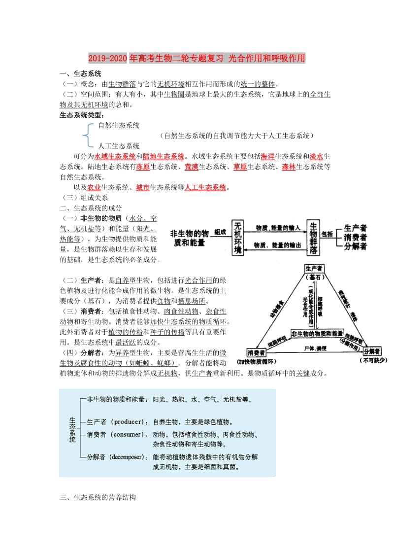 2019-2020年高考生物二轮专题复习 光合作用和呼吸作用.doc_第1页