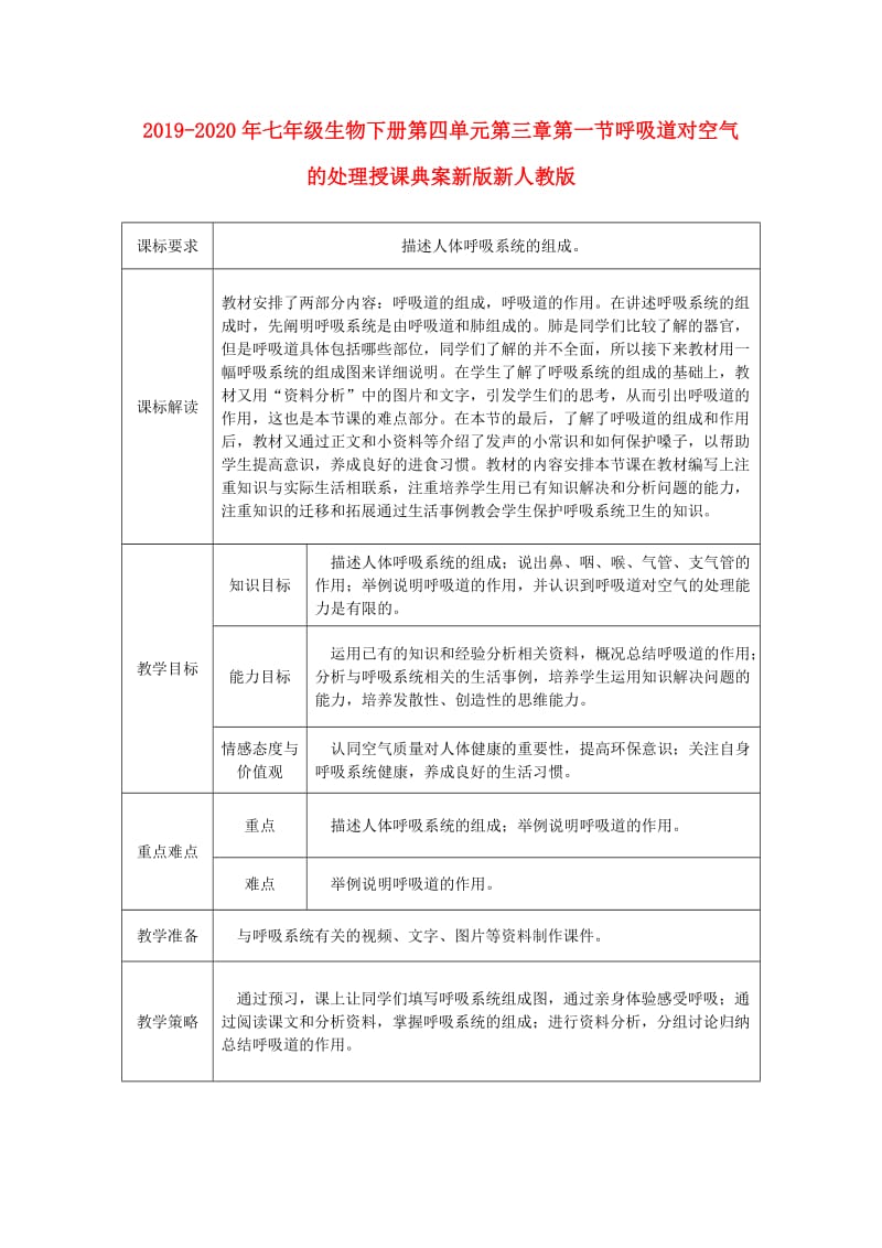 2019-2020年七年级生物下册第四单元第三章第一节呼吸道对空气的处理授课典案新版新人教版.doc_第1页