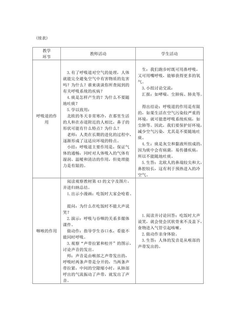 2019-2020年七年级生物下册第四单元第三章第一节呼吸道对空气的处理授课典案新版新人教版.doc_第3页