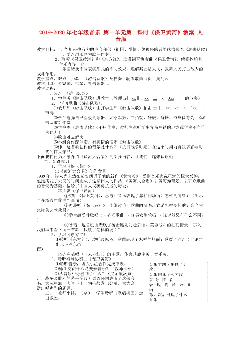 2019-2020年七年级音乐 第一单元第二课时《保卫黄河》教案 人音版.doc_第1页