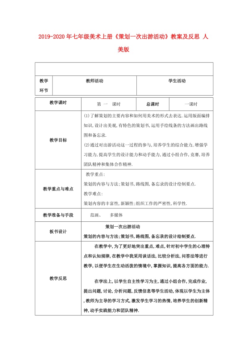 2019-2020年七年级美术上册《策划一次出游活动》教案及反思 人美版.doc_第1页