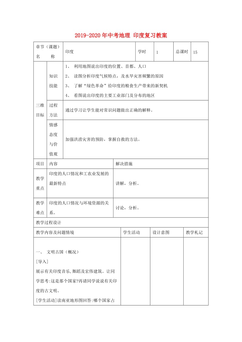 2019-2020年中考地理 印度复习教案.doc_第1页