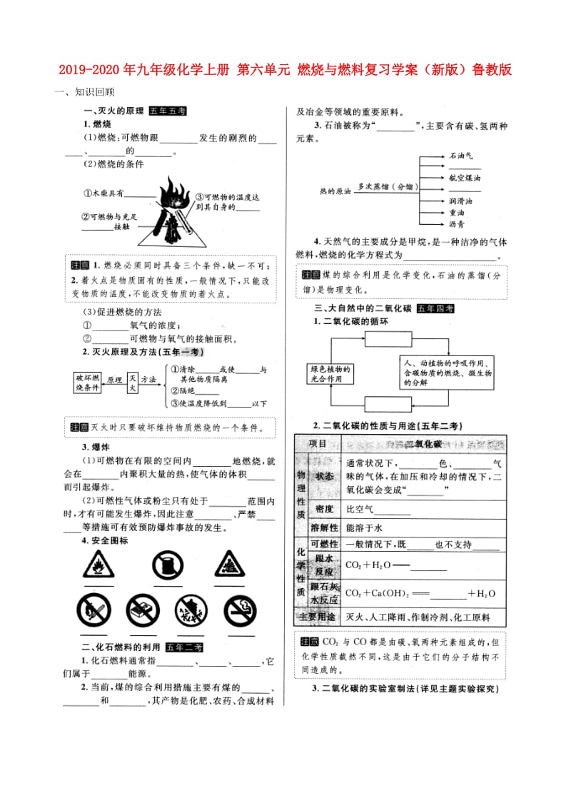 2019-2020年九年级化学上册 第六单元 燃烧与燃料复习学案（新版）鲁教版.doc_第1页