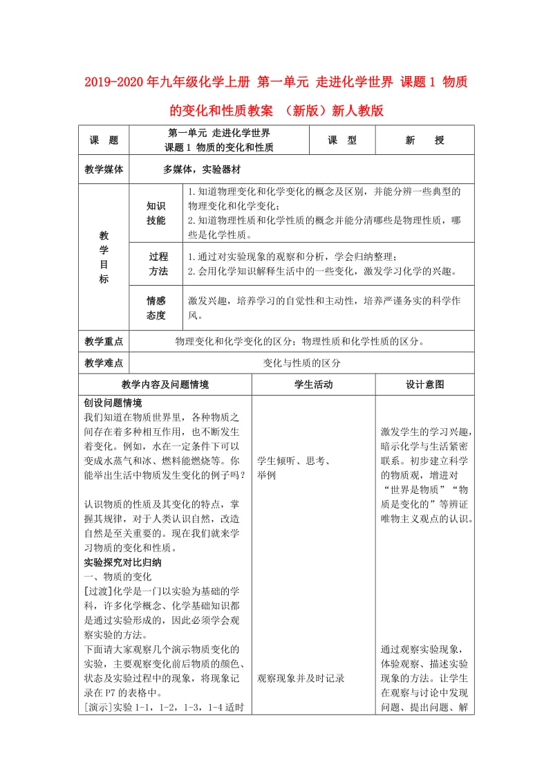 2019-2020年九年级化学上册 第一单元 走进化学世界 课题1 物质的变化和性质教案 （新版）新人教版.doc_第1页