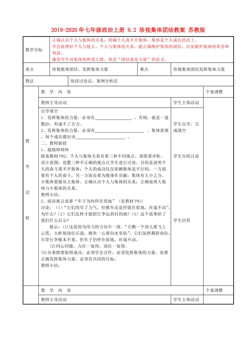 2019-2020年七年级政治上册 9.2 珍视集体团结教案 苏教版.doc_第1页