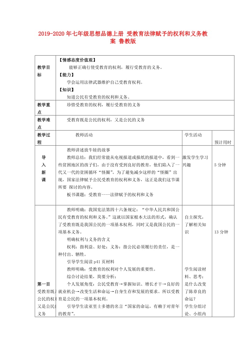 2019-2020年七年级思想品德上册 受教育法律赋予的权利和义务教案 鲁教版.doc_第1页