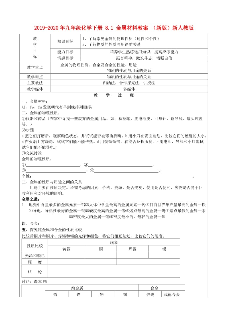 2019-2020年九年级化学下册 8.1 金属材料教案 （新版）新人教版.doc_第1页