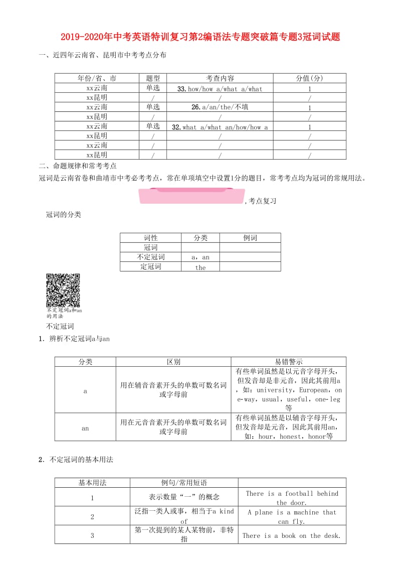 2019-2020年中考英语特训复习第2编语法专题突破篇专题3冠词试题.doc_第1页