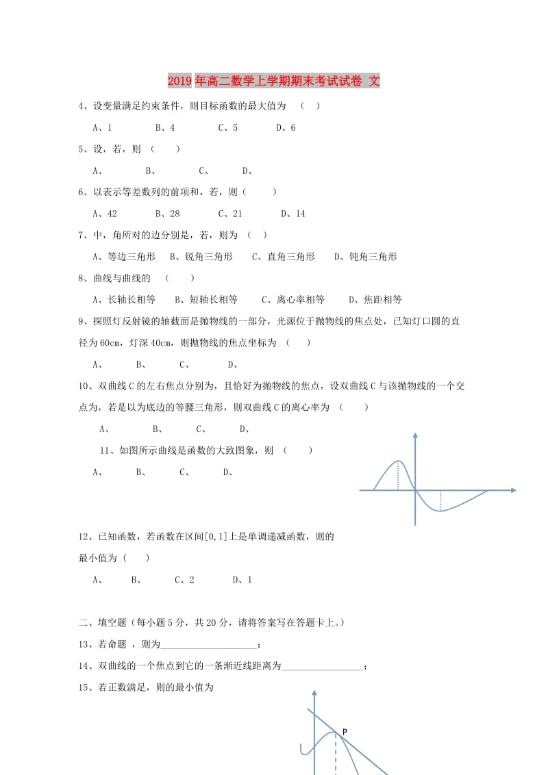 2019年高二数学上学期期末考试试卷 文.doc_第1页