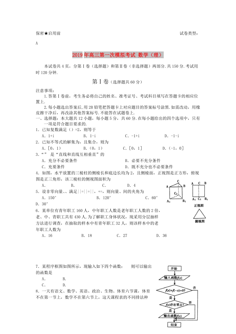 2019年高三第一次模拟考试 数学（理）.doc_第1页