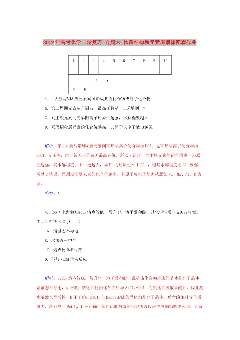 2019年高考化学二轮复习 专题六 物质结构和元素周期律配套作业.doc_第1页