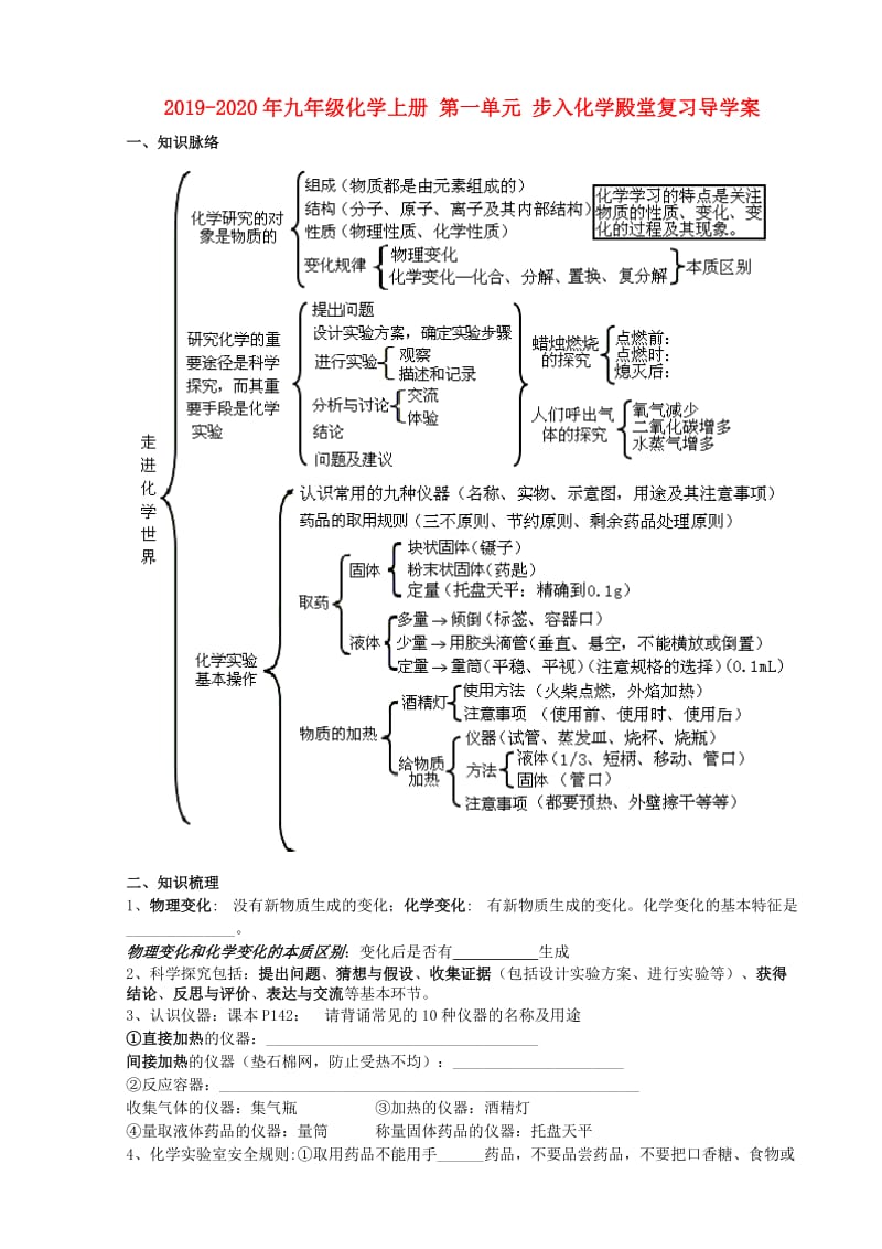 2019-2020年九年级化学上册 第一单元 步入化学殿堂复习导学案.doc_第1页